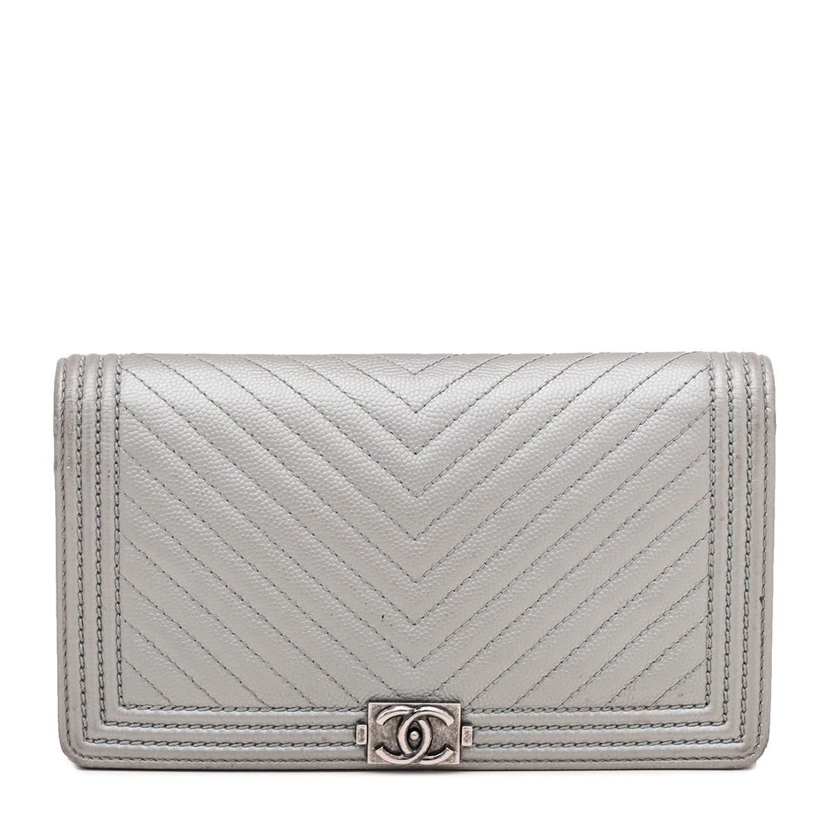 Chanel Grey Silver Le Boy Chevron Yen Wallet
