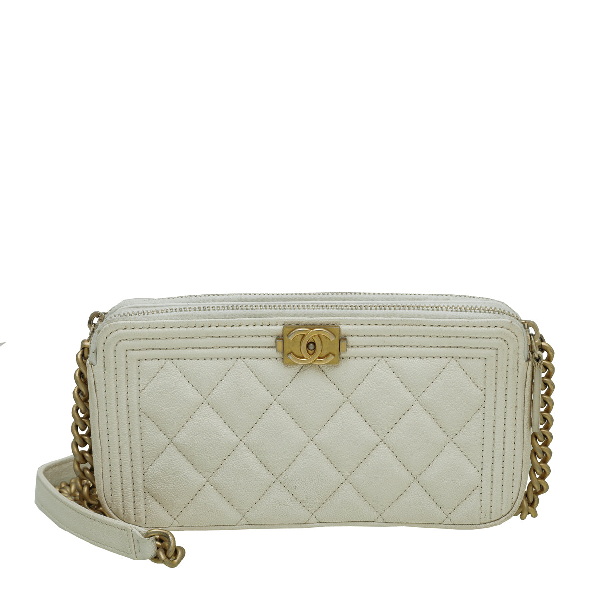Chanel White Le Boy Double Zip Around Wallet On Chain