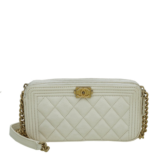 Chanel White Le Boy Double Zip Around Wallet On Chain