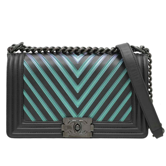 Chanel Black Le Boy Painted Chevron Medium Flap Bag