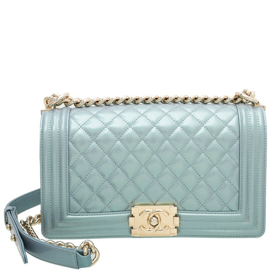 Chanel Pearly Blue Le Boy Metallic Flap Medium Bag