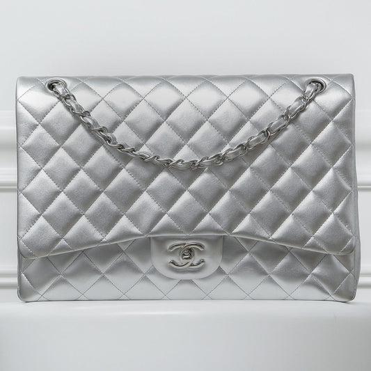 Chanel Metallic Silver Single Flap Maxi