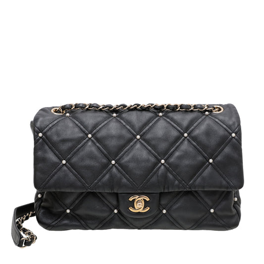 Chanel Black Pearl Studded Diamond Quilt Flap Bag