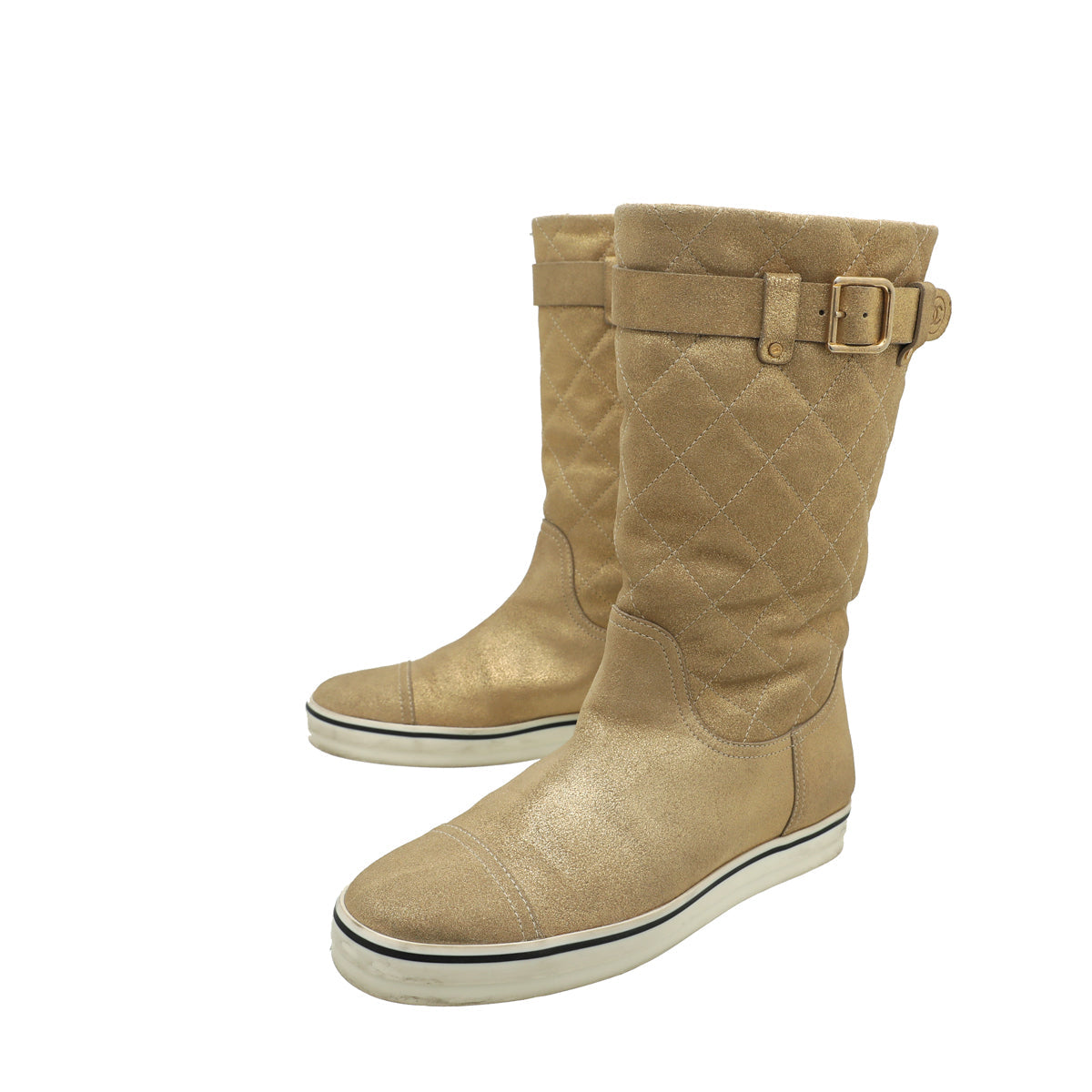 Chanel Metallic Gold Shimmer Suede Mid Flat Boots 37