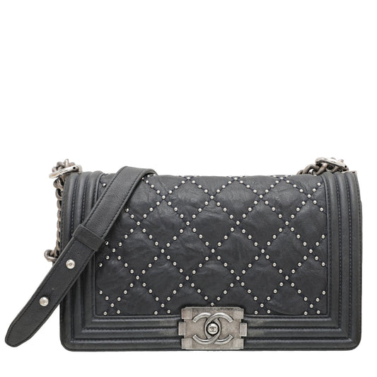 Chanel Dark Blue Studded Boy Medium Bag