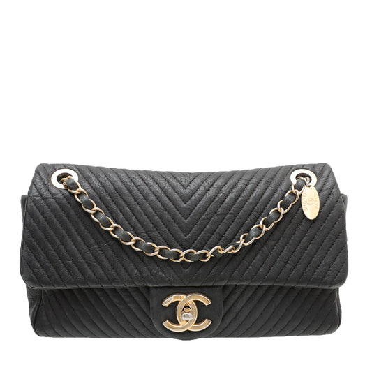 Chanel Black Surpique Chevron Flap Bag