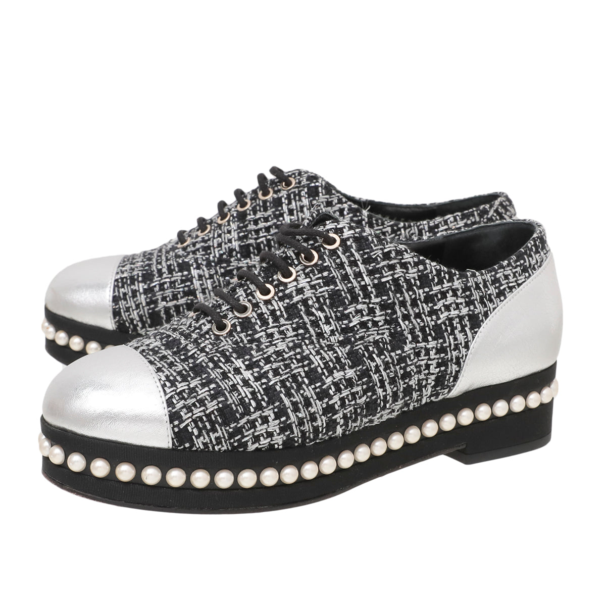 Chanel Black Silver Tweed Pearl Lace Up Oxford 37