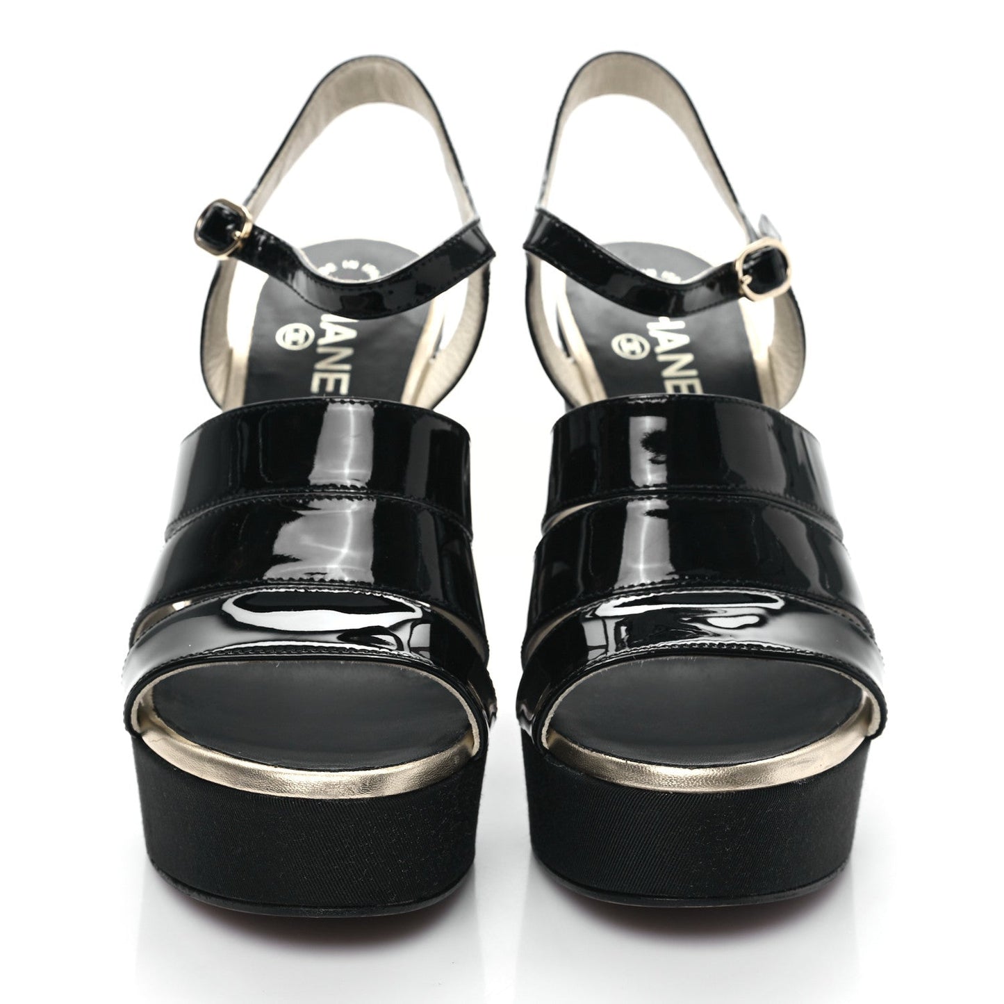 CHANEL CALFSKIN GROSGRAIN PEARL CC WEDGE SANDALS