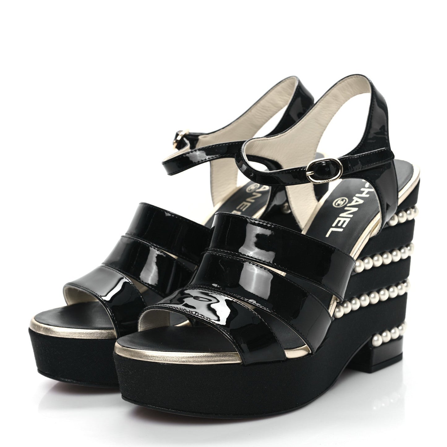 CHANEL CALFSKIN GROSGRAIN PEARL CC WEDGE SANDALS