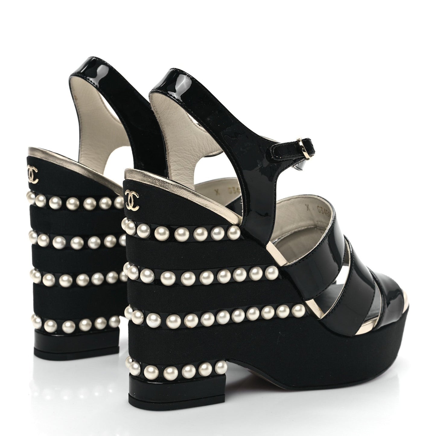 CHANEL CALFSKIN GROSGRAIN PEARL CC WEDGE SANDALS