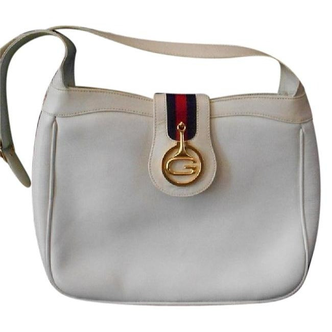 Gucci   White Leather With Red And Blue Striped Accent And Large Gold G