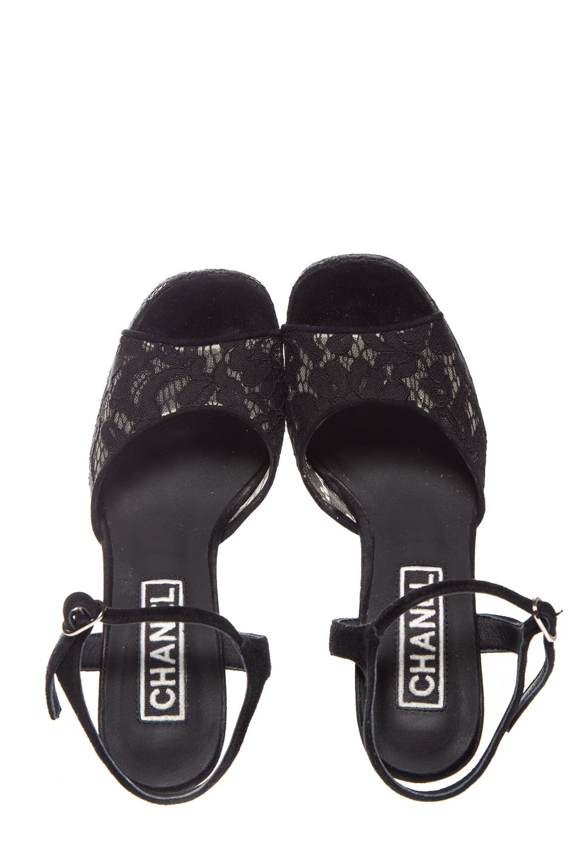 Chanel 2024 Interlocking CC Logo Black Lace Ankle Strap Pumps SZ 36