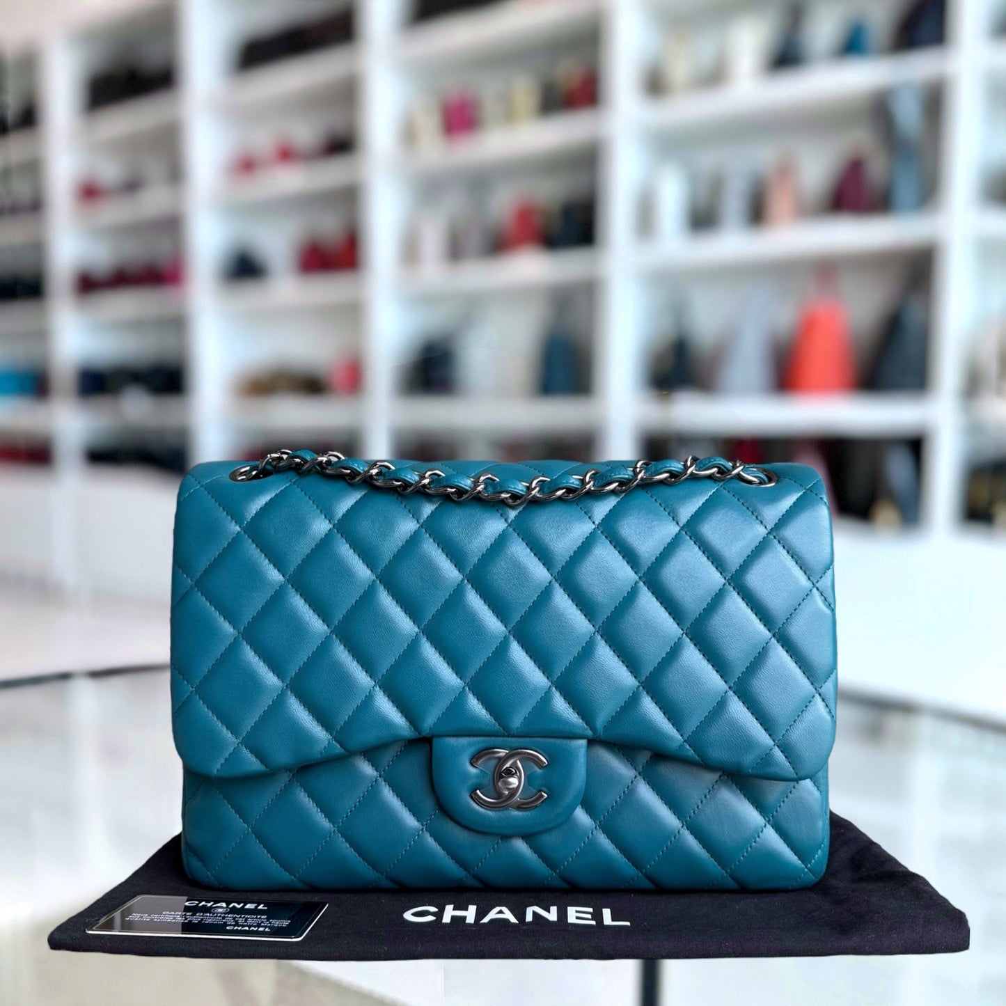 Chanel Classic Flap Jumbo - Double Flap 30CM Quilted Lambskin Blue Ruthenium Silver Hardware Series 15