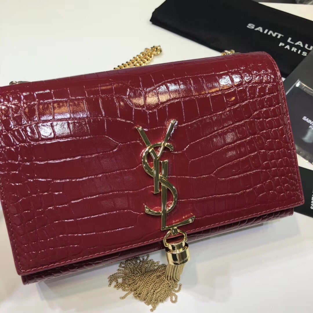 Top Quality Kate Small Chain Bag With Tassel In Embossed Burgundy For Women 7.8in/20cm YSL 