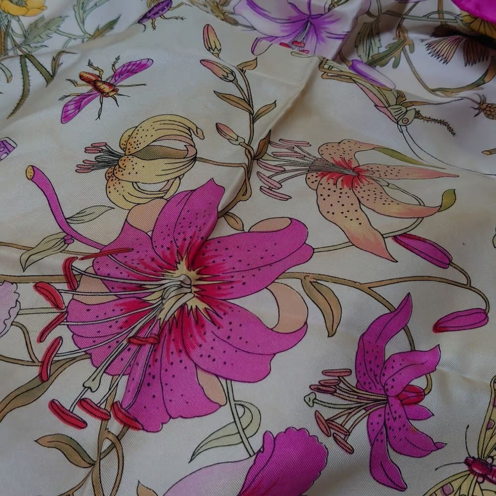 Gucci silk floral print scarf in purple, green, and yellow
