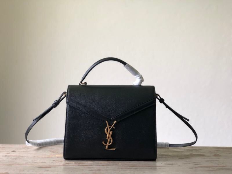 YSSL Cassandra Medium Top Handle Bag In Grain De Poudre Embossed Black For Women 9in/25cm 623931BOW0W1000