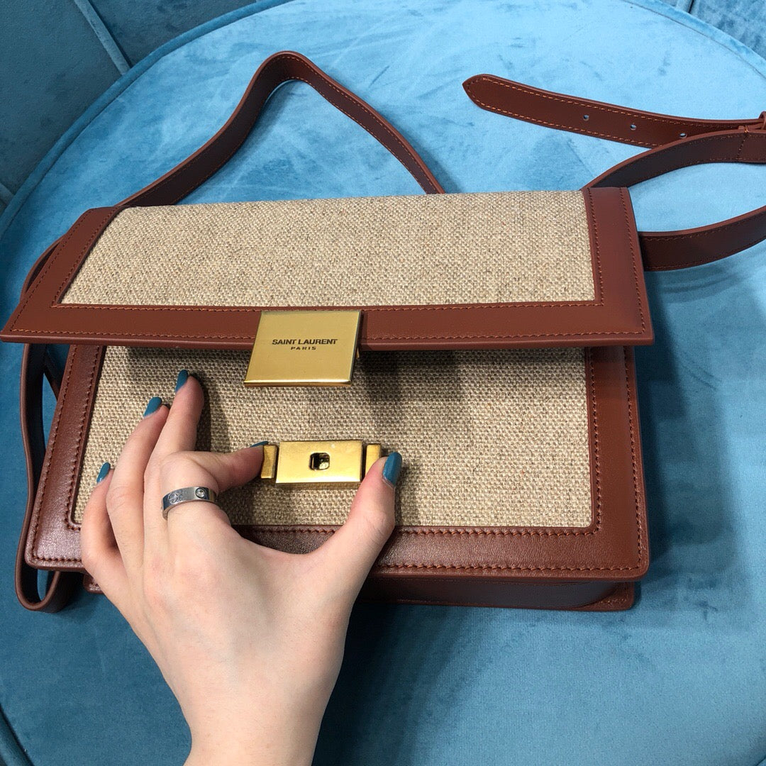 Top Quality Le Carré Satchel In Canvas And Box Natural Beige &amp; Brick For Women 9in/23cm YSL 