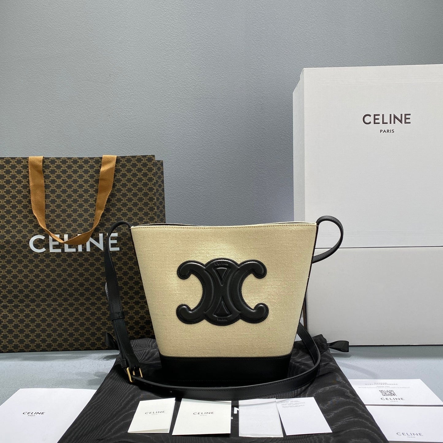 Top Quality Small Bucket Cuir Triomphe In Textile Beige/Black For Women 9in/22cm