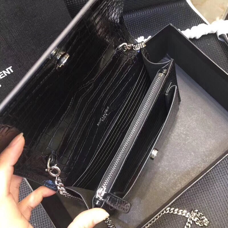 YSSL Sunset Chain Wallet  In-Embossed Black For Women 8in/21cm YSL