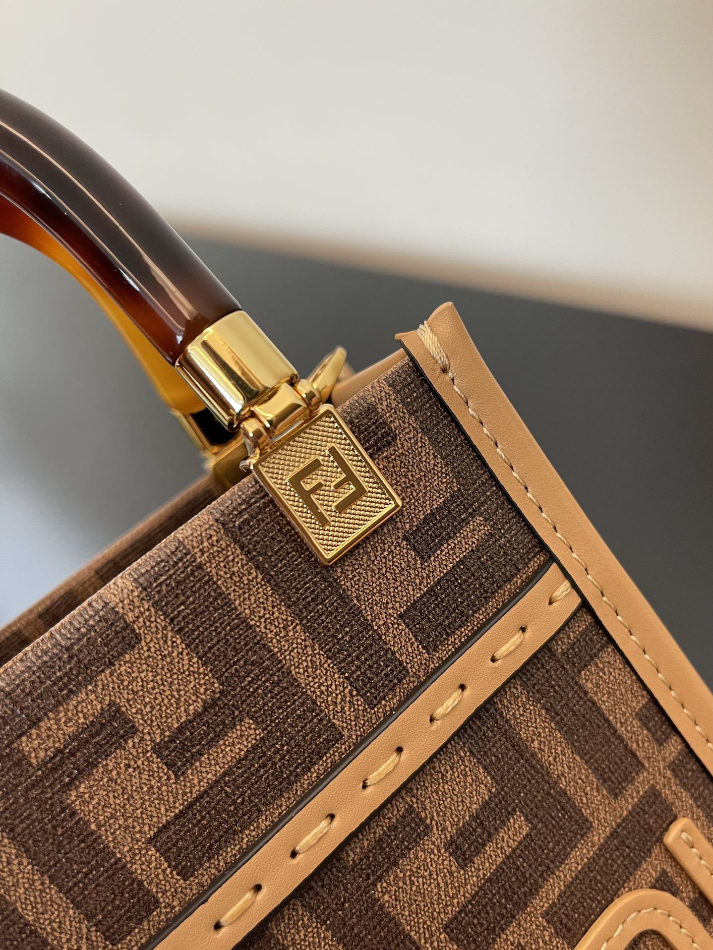 Top QualityTop Quality Sunshine Shopper Brown FF Fabric Brown Mini Bag For Woman 13cm/5in