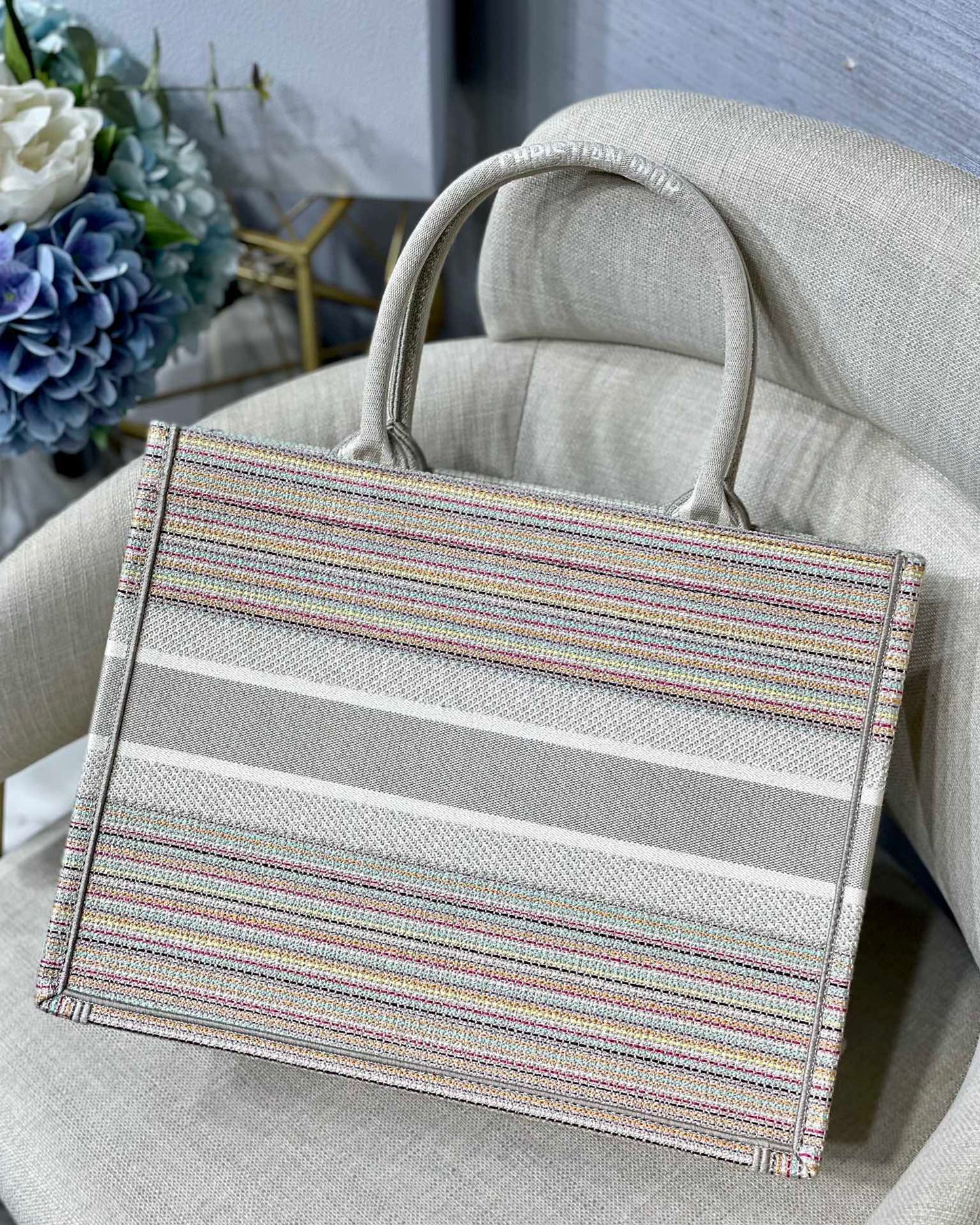 Top Quality Large Book Tote Bag Canvas Stripes Embroidery For Women 42cm/16.5in CD