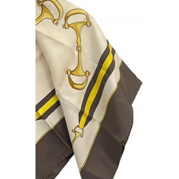 , Gucci, equestrian print, 35" square, 100 % silk scarf in brown, gold, & black on a white background with a wide brown border