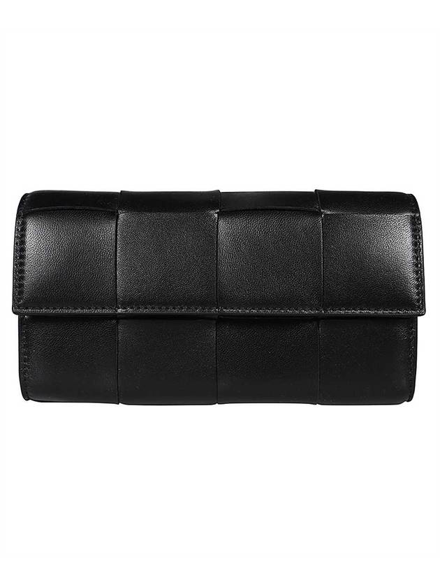 Luxury Bottega Veneta Cassette Flap Leather Long Wallet Black