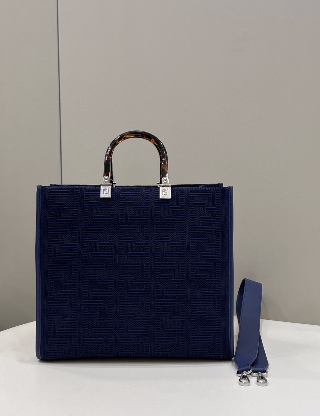 Top QualityTop Quality Sunshine Medium Navy Blue FF fabric shopper Bag For Woman 31cm/12in