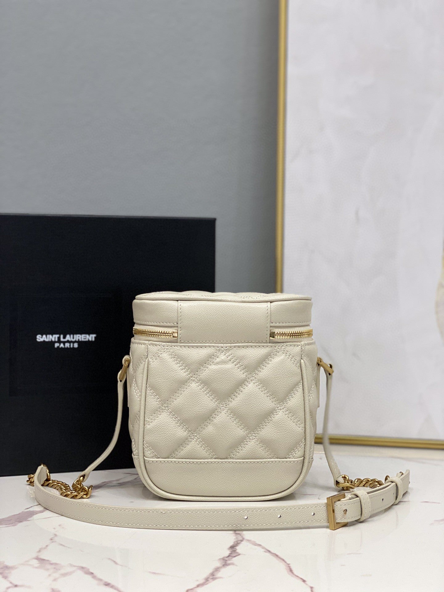 YSSL 80’s Vanity Bag In Carré-Quilted Grain De Poudre White For Women 6in/16.5cm YSL 649779DME279207
