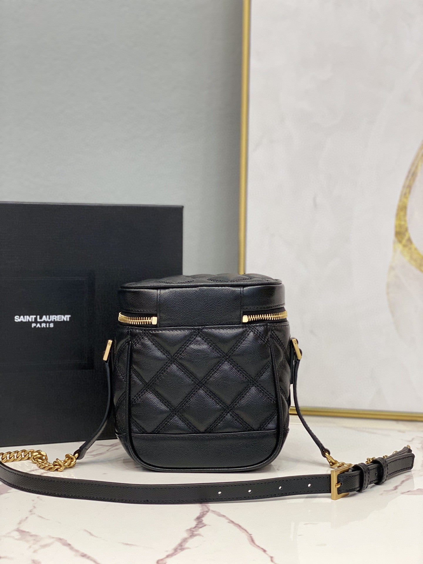 YSSL 80’s Vanity Bag In Carré-Quilted Grain De Poudre Black For Women 6in/16.5cm YSL 649779DME271000