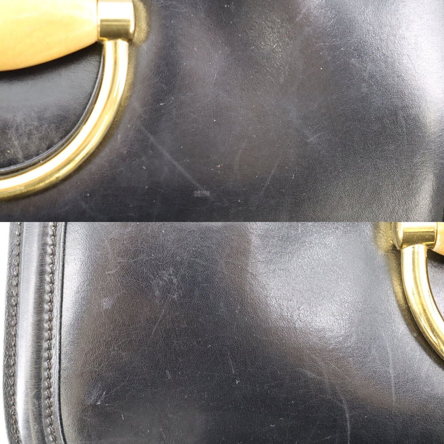, navy leather, Gucci shoulder bag with XL gold & tan leather horsebit accent with cut-out & 'GUCCI' engraved on top