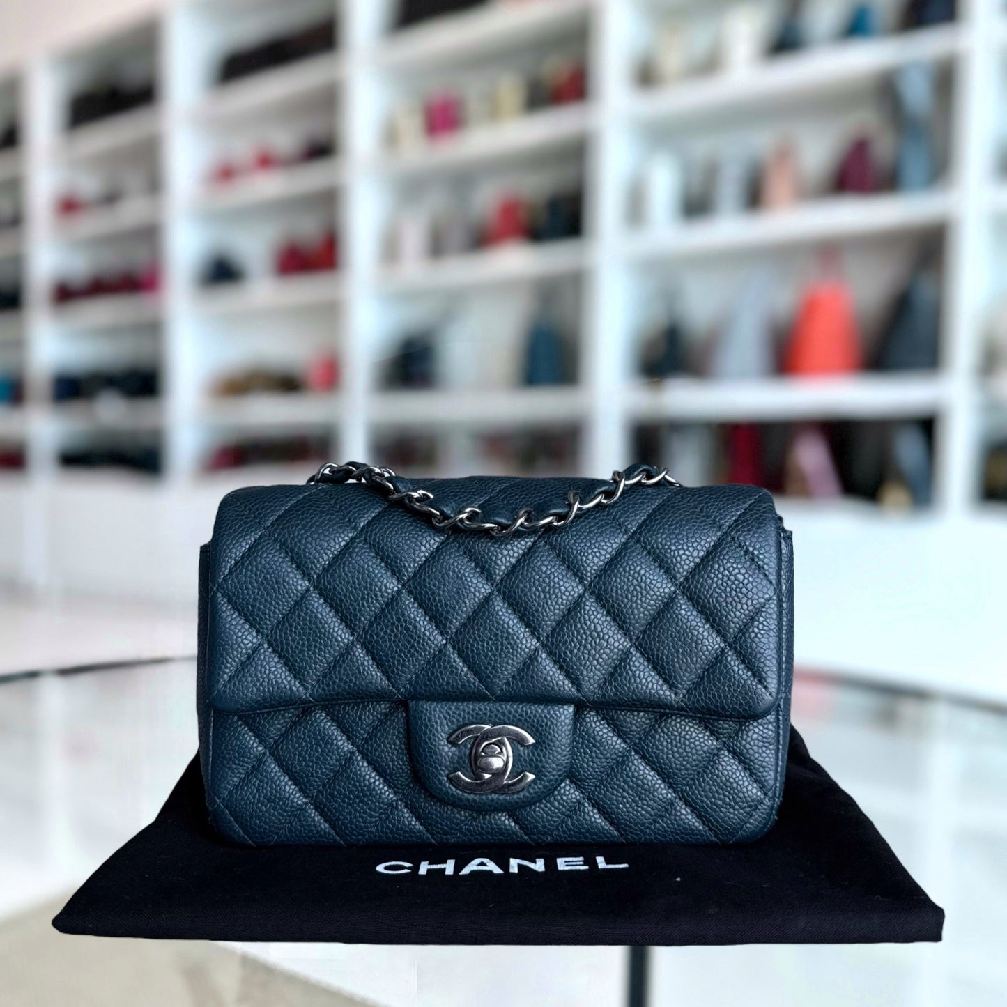 Chanel Classic Flap Mini - 20CM Caviar Quilted Dark Blue Green Silver Hardware Series 20