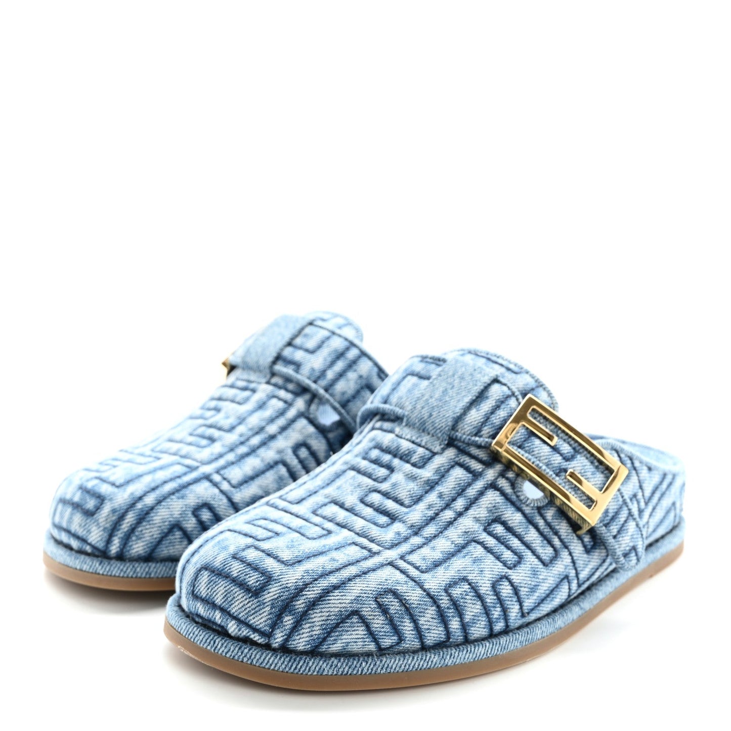 Fendi Denim Jacquard FF Womens Feel Buckled Mules 35 Blue