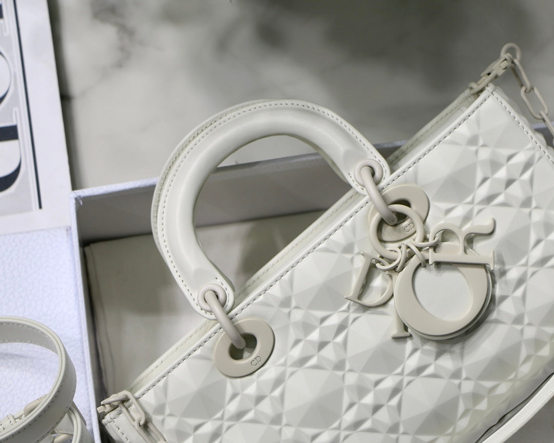 Top Quality Lady D-Joy Bag White Macrocannage Technical Fabric, White Handbags, 26cm CD M0540OTID_M933