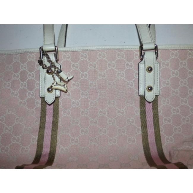 Gucci   Pink And White With Ivy Green Leather Canvas Tote