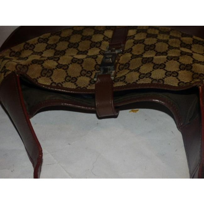 Gucci Jackie   Style Shoulder Purse Brown Large G Logo Print Leather Canvas Hobo Bag