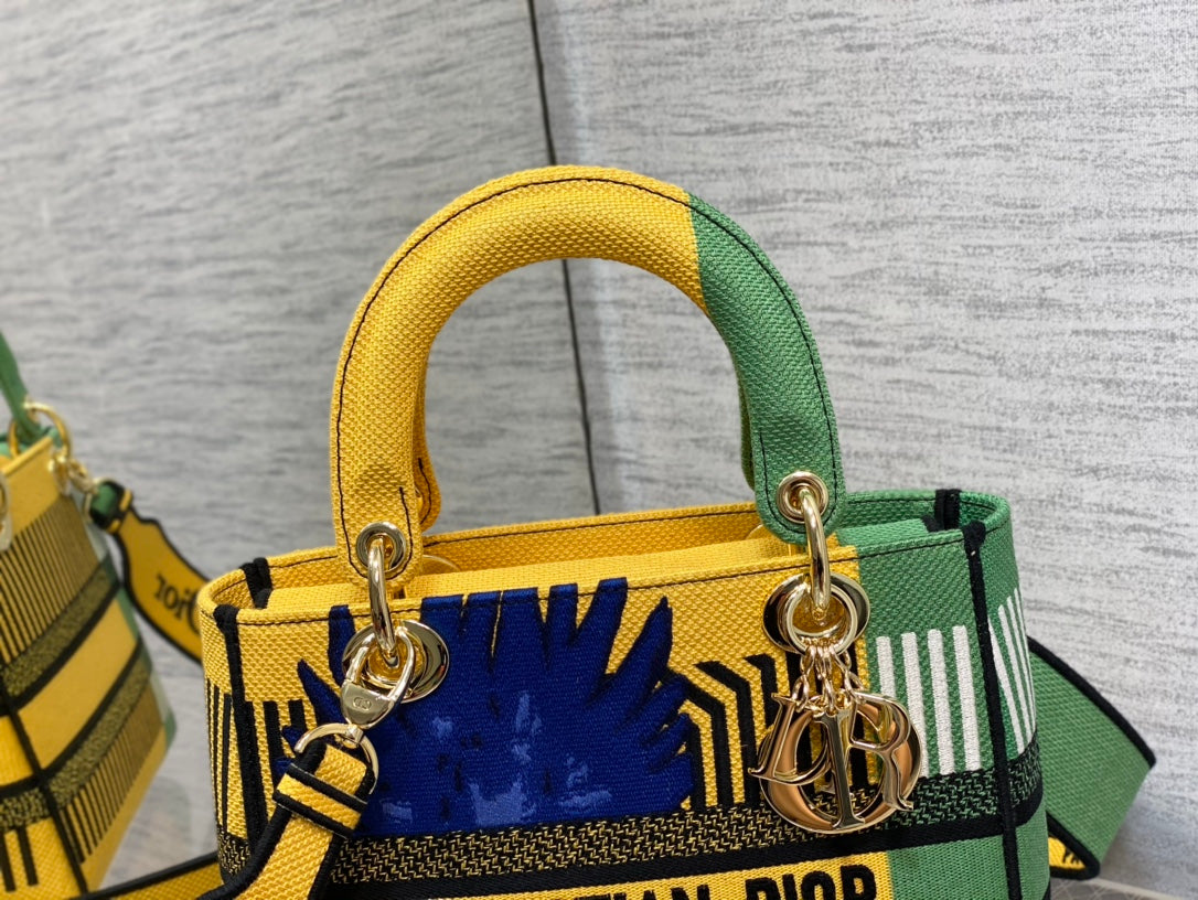 Top Quality MeTop Qualityum Lady D-Lite Bag D-Flower Pop Embroidery, Bright Yellow/Green Handbags, 24cm CD M0565OROO_M886