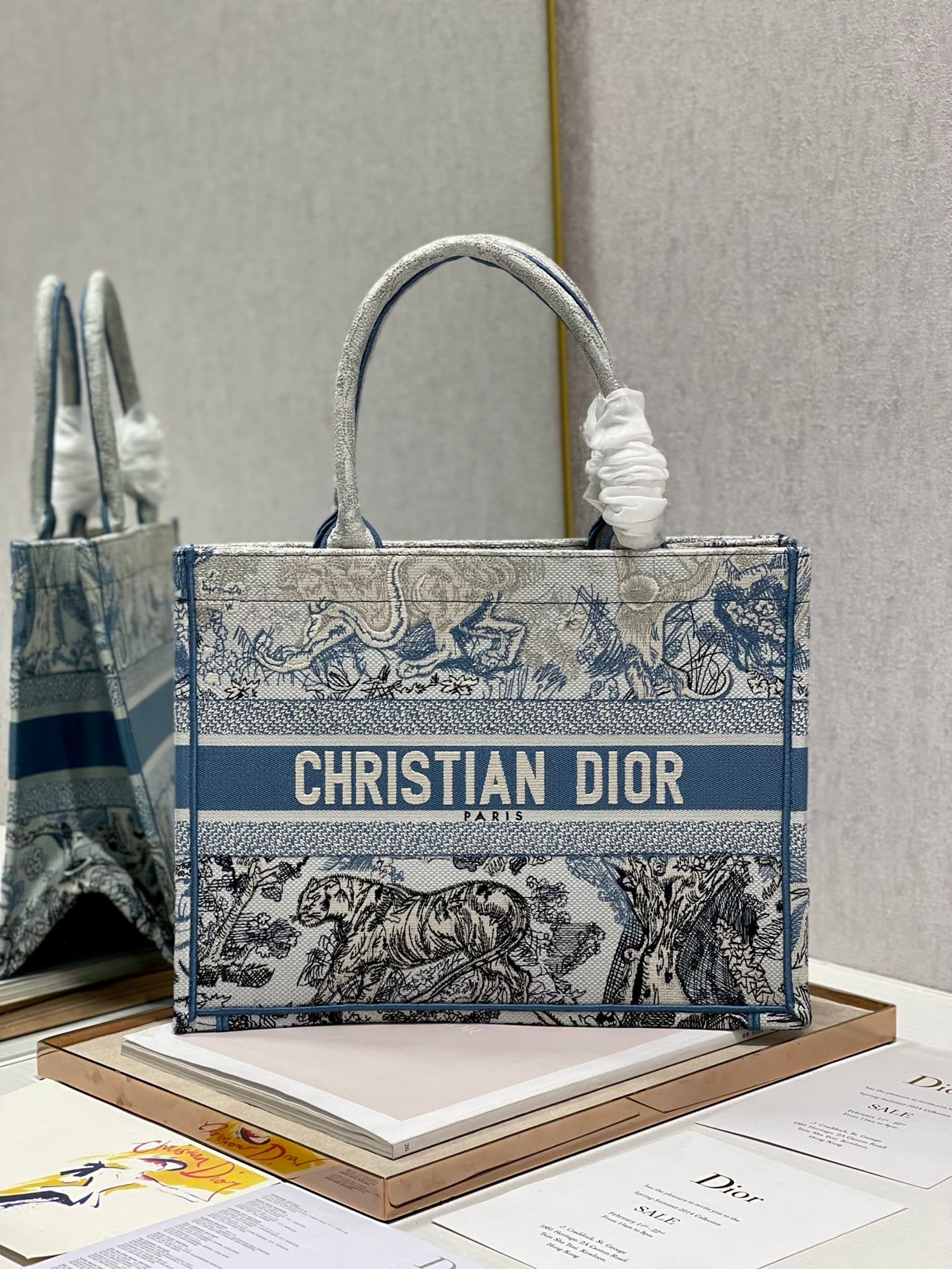 Top Quality MeTop Qualityum Book Tote Blue Toile de Jouy Reverse Embroidery, Blue, For Women Womens Handbags, Shoulder Bags, 36cm CD M1296ZRGO_M928