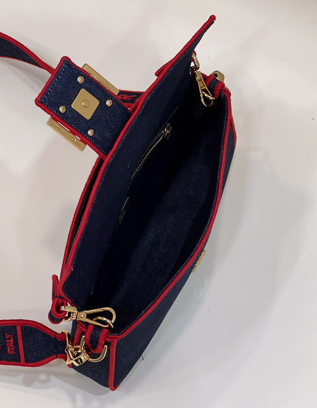 Top QualityTop Quality Baguette Blue Denim Red Border Bag For Woman 26cm/10in