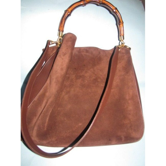 - Gucci   Brown Suede And Leather With Bamboo Handle And Removable Strap Hobo