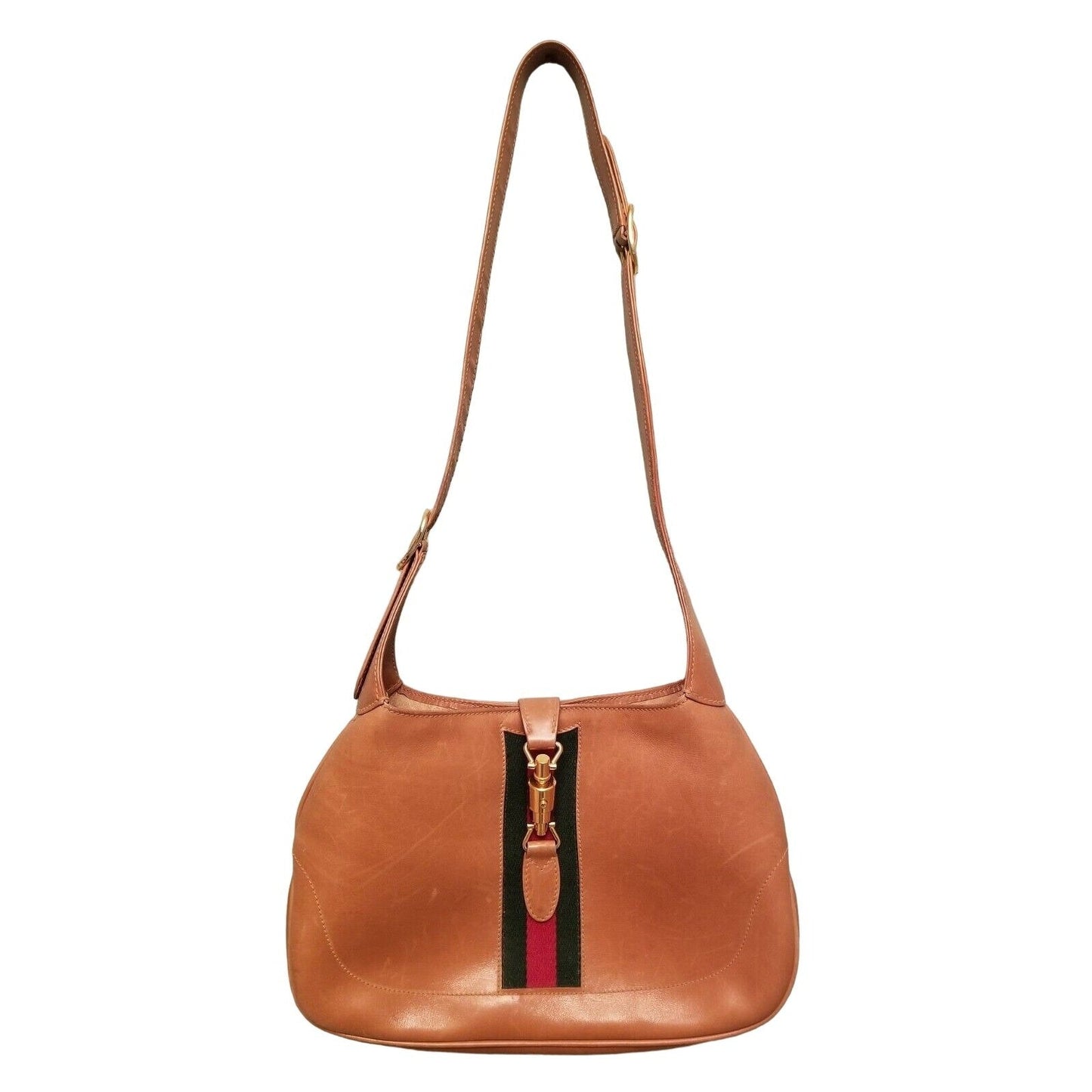 Rare,  , Gucci, camel leather 1961 Jackie hobo shoulder bag with a red & green center stripe, gold piston closure, & extender strap