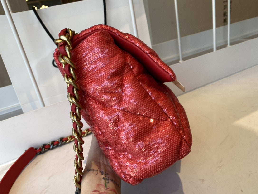 CHL 19 Flap Bag Gold Hardware Red For Women, Women’s Handbags, Shoulder Bags 10in/26cm AS1160 