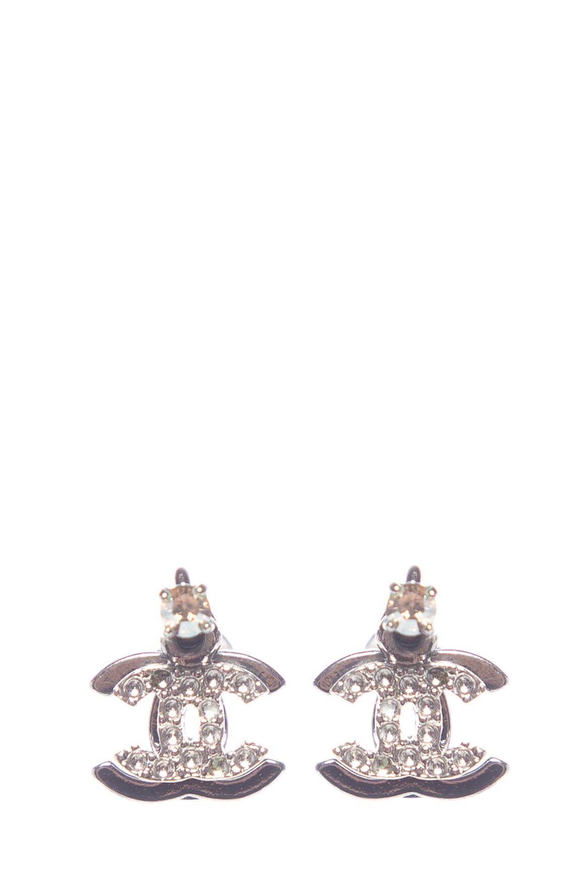 Chanel Silver Interlocking CC Rhinestone Logo Earrings