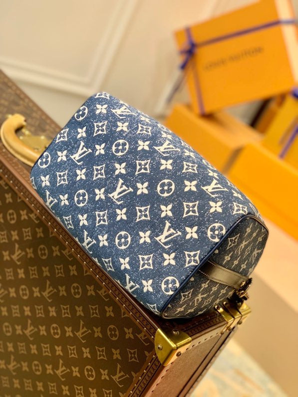 Top Quality Speedy Bandouliere 25 Monogram Denim Jacquard Navy Blue For Women, WoHandbags 9.8in/25cm Top Quality M59609