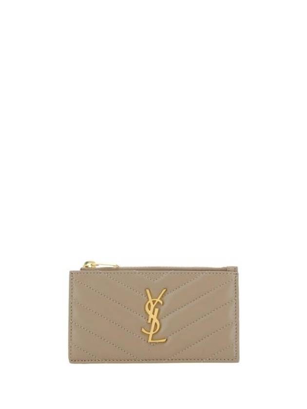 Luxury Saint Laurent Trending 2025 Monogram Logo Plaque Zip-Up Card Wallet Dusty Grey