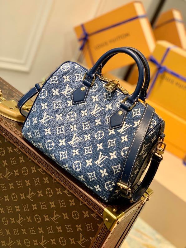 Top Quality Speedy Bandouliere 25 Monogram Denim Jacquard Navy Blue For Women, WoHandbags 9.8in/25cm Top Quality M59609