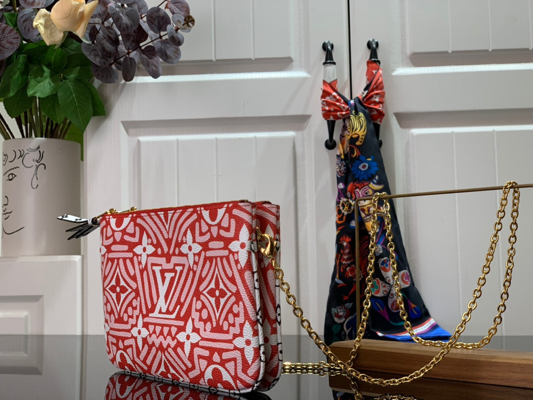 Top Quality Top Quality Crafty Double Zip Pochette Monogram Canvas Red/White For Women,  Shoulder And Crossbody Bags 7.9in/20cm Top Quality