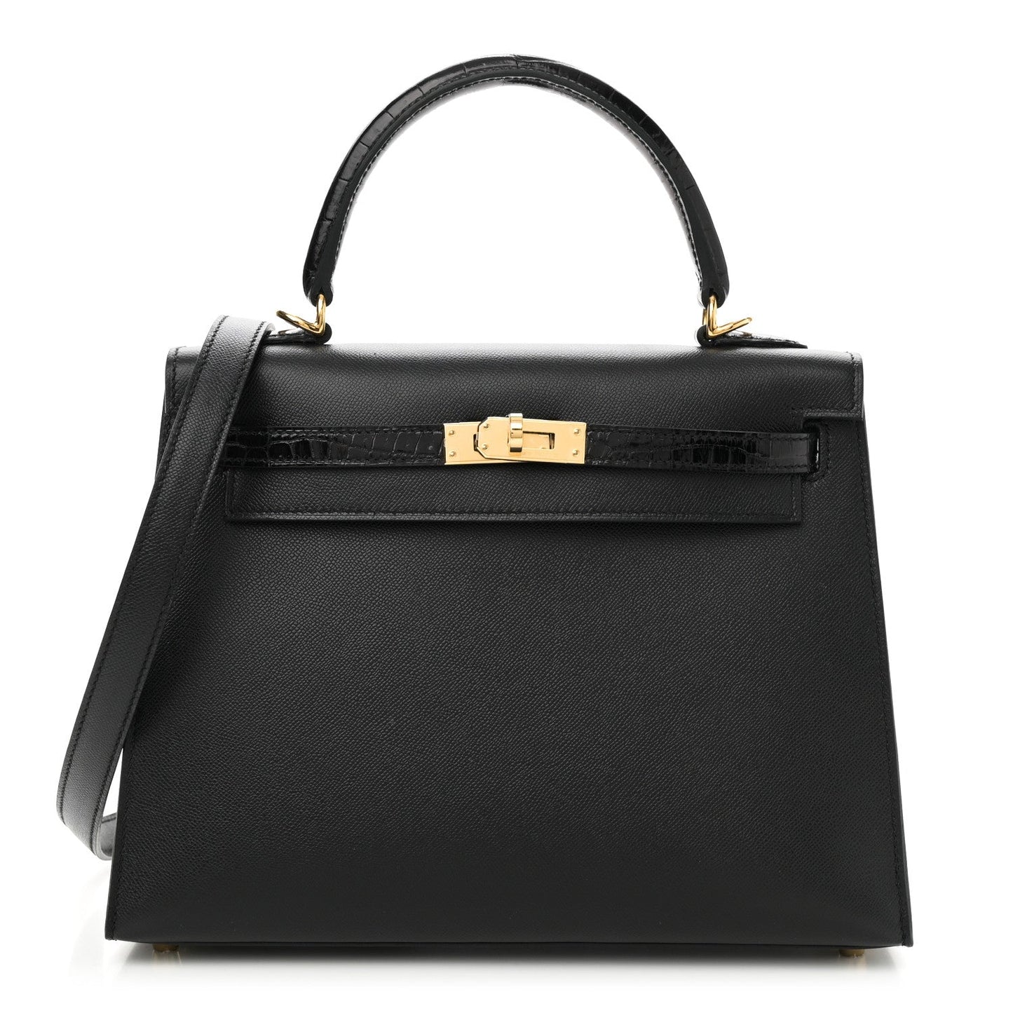 Hermes Madame Calfskin Shiny Niloticus Crocodile Kelly Sellier Touch 25 Black