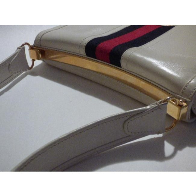 Gucci   White Leather With Wide Red Blue Striped Center Hobo Bag