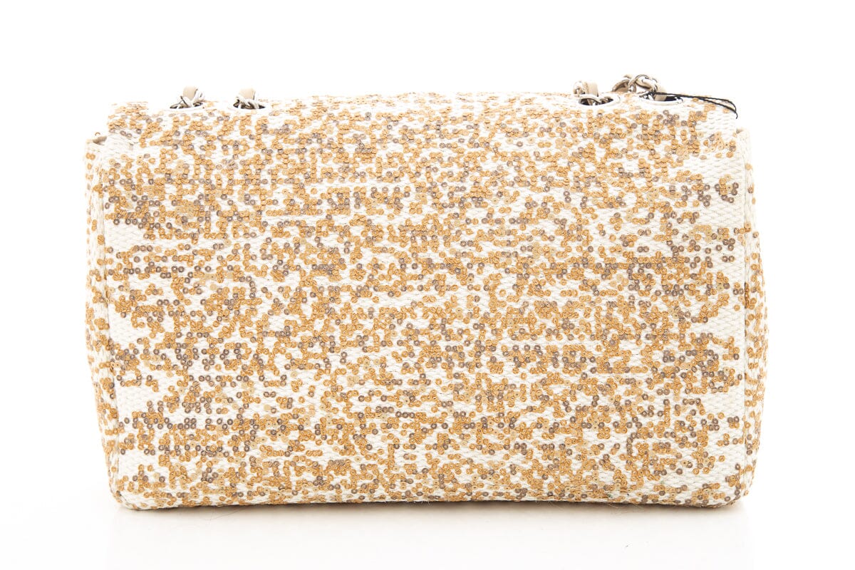 Chanel 2014 Cream Raffia & Gold Sequin Single Flap Large Handbag